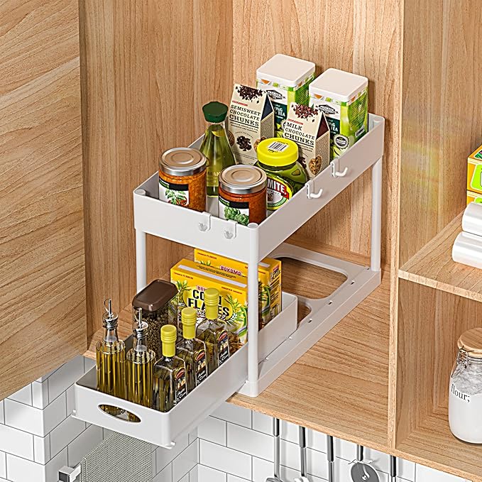 PUILUO Under Sliding Cabinet Basket Organizer, 2 Tier Under Sink Organizers White Under Sink Storage for Bathroom Kitchen