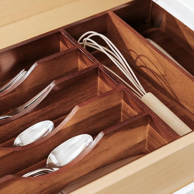Silverware Organizer - Cutlery, Flatware, and Utensil Holder for Kitchen Drawers, Fixed 10.5” Width, 7 Storage Compartments, Non-Slip Feet, Rounded Corners, Acacia Wood