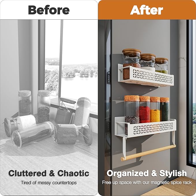 Magnetic Spice Rack Set 2 Pack Refrigerator Storage Organizer with Removable Paper Towel Holder for Kitchen - White