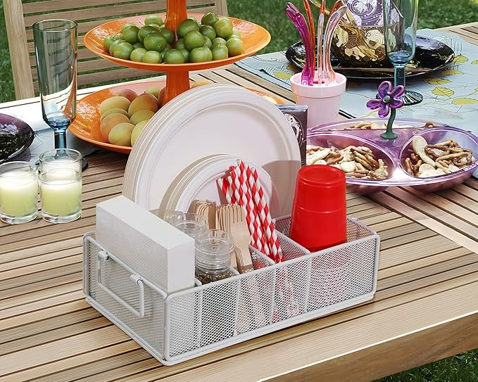 Paper Plate Dispenser with Handle, Metal Paper Plate Holders for Kitchen Counter, Utensil Holder Organizer with 6 Compartments, Silverware Holder Caddy for Cup Fork Napkin Party Camping-White