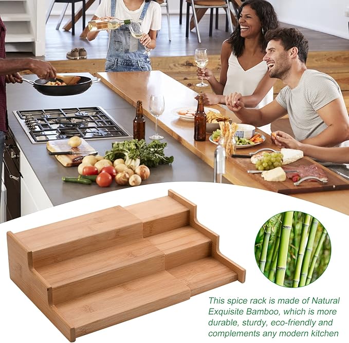3-Tier Bamboo Expandable Spice Rack, Step Shelf Cabinet Organizer Step Shelf Kitchen Pantry Cabinet Expandable Display Shelf,Spice Holder Cabinet Seasoning Tower for Kitchen(#1)