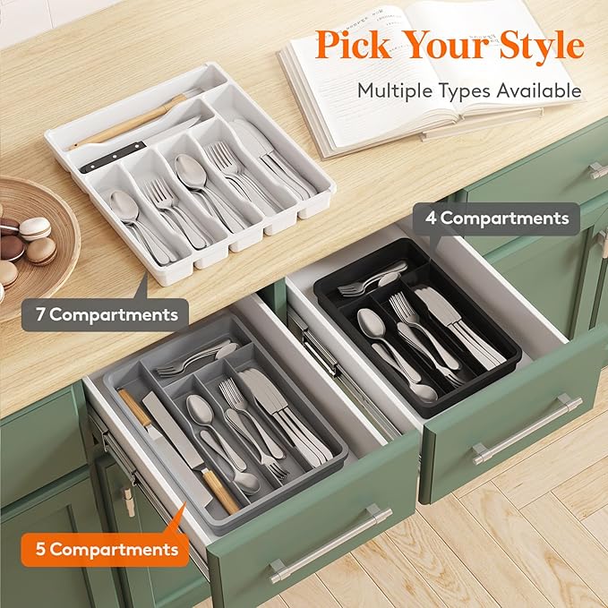 Lifewit Silverware Tray, Deep Wide Cutlery Drawer Organizer Storage for Kitchen, Plastic Flatware Utensil Holder Divider for Spoons Forks Knives Tableware, 5 Compartment, White