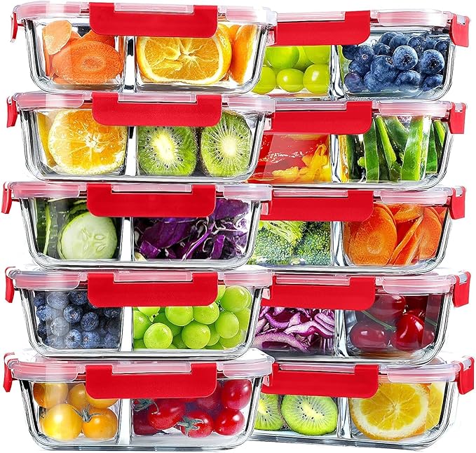 VERONES 10 Pack Glass Meal Prep Containers 2 Compartment Set, 36OZ Airtight Glass Lunch Containers, Glass Food Storage Containers with Lids, for Microwave, Oven, Freezer & Dishwasher Friendly,Red