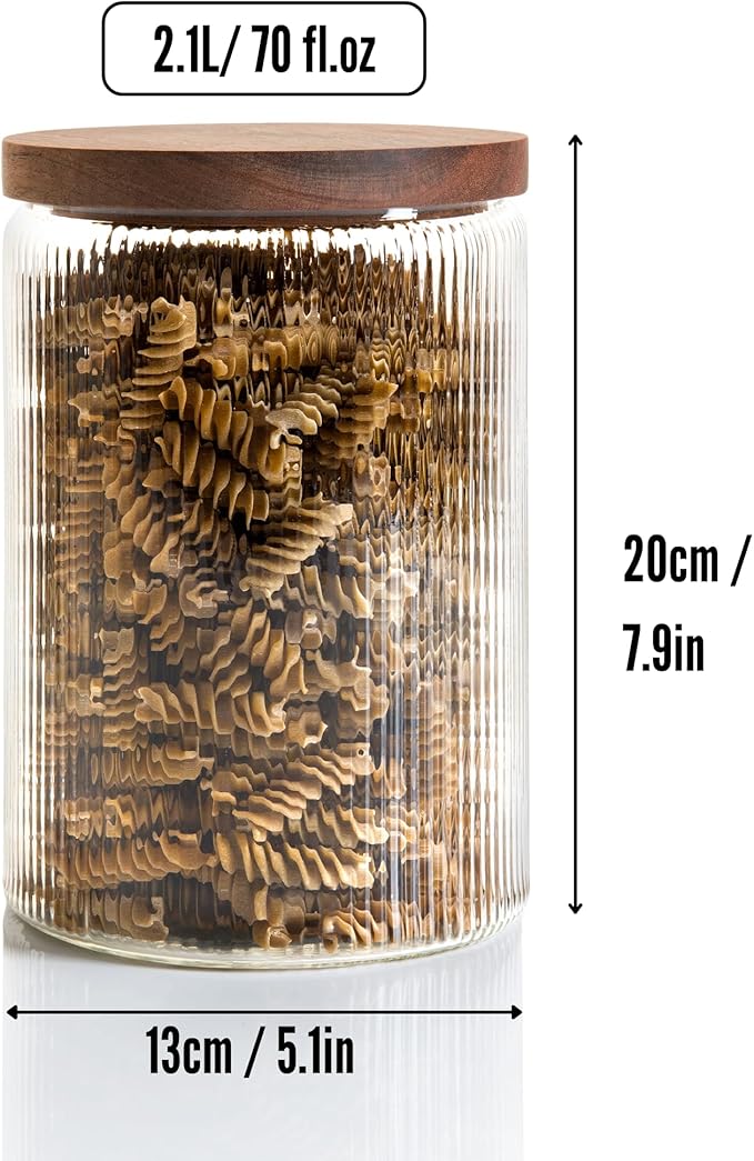 Mason & Fable Ribbed Glass Jar with Wooden Lid 70fl.oz- Set of 2 | Airtight Fluted Storage Container for Cookies, Pasta, Coffee, Dog Treats, Snacks | Organization Canisters for Home & Kitchen