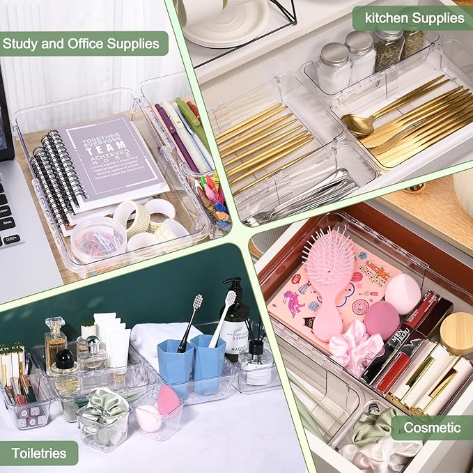 10 Pcs Clear Drawer Organizer, Adjustable Storage Bins (3 Sizes), Desk and Dresser Organizers for Makeup, Cosmetics, Kitchen Utensils, Bedroom, and Gadgets