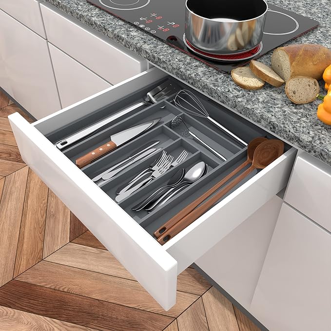Utopia Kitchen Expandable Bamboo Utensil Drawer Organizer, Silverware Organizer for Cutlery, Utensils, Flatware Holder (6-8 Slots, Grey) Pack of 1