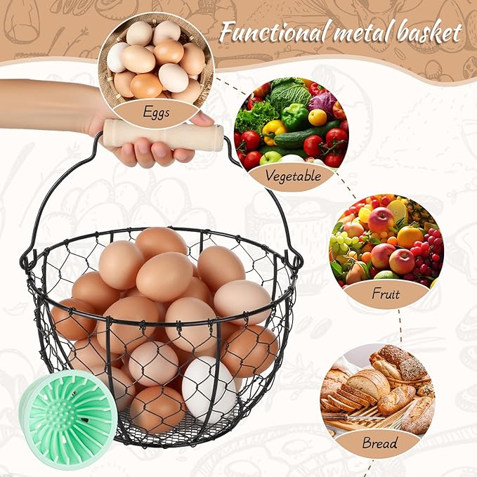 2 Pcs Egg Basket With Handle,Wire Egg Basket for Gathering Fresh Eggs, Round Egg Collecting Basket for Farm,Vintage Style Chicken and Duck Eggs Basket Egg Countertop Storage Container Holder