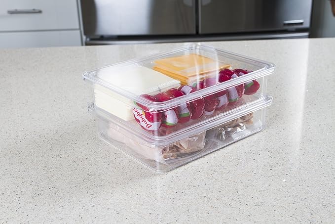 Kitchen Spaces Stackable Fridge Storage Containers, Compact Organizers with Lids for Kitchen and Pantry, Keep Deli Meats and Cheeses Fresh, Clear and Sturdy Food Bins, 2 Pack, Hand Wash Only