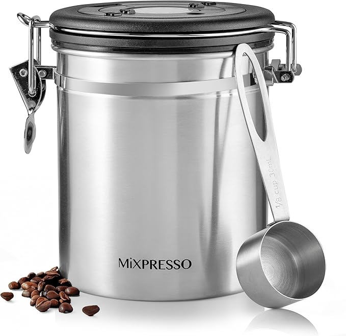 Mixpresso 16 Oz Coffee Canister with Scoop Stainless Steel Airtight Coffee Container, Ground Coffee Bean Storage with Date Tracker, Vacuum Sealed Espresso Airtight Container Coffee Jar Sugar Container