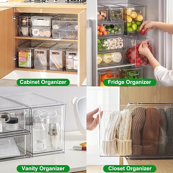 Taiuloo Stackable Refrigerator Organizer Bins with Pull-Out Drawer, Clear BPA-Free Food Storage Containers for Fridge Freezer, Kitchen Pantry Cabinet & Bathroom Vanity Organization, 9.51Quart