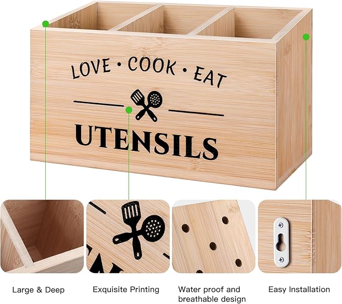 Bamboo Utensil Holder Caddy with 3 Compartments for Kitchen Counter, Rustic Flatware Organizer Cutlery Storage Box for Silverware Fork Spoon Spatula