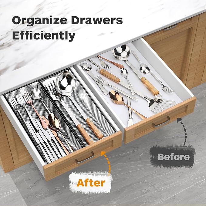 Smgmg Silverware Drawer Organizer, Silverware Organizer for Drawer, 2 Pack 14.7" X 6.1" X 2" Utensil Organizer for Kitchen Drawers, Kitchen Drawer Organizer for Large Utensils with Interlocking Arm