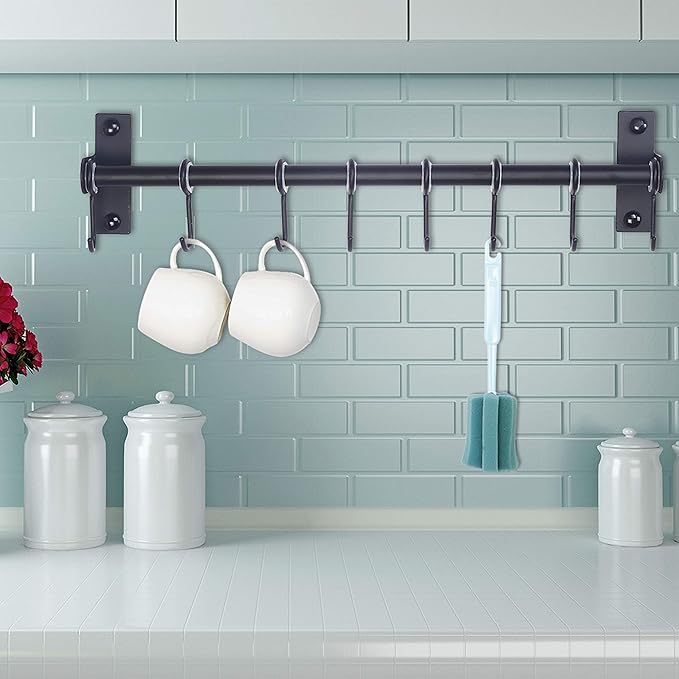 Dseap Kitchen Hooks for Hanging Utensils, Hanging Pot Rack, Kitchen Utensil Hanger Rail with 8 Hooks for Pots Pans, Spoons, Mugs, Wall Mounted, Stainless Steel, Black, Pack of 2