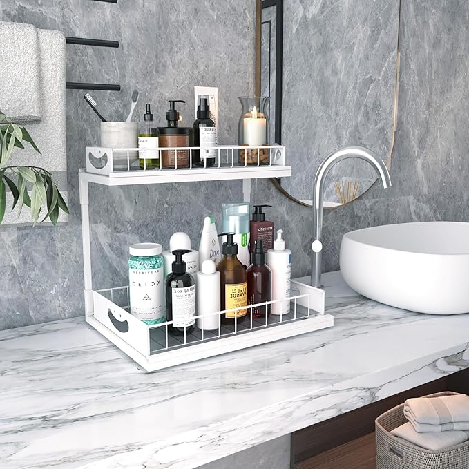 Under Kitchen Sink Organizers and Storage,2 Tier Sliding Cabinet Basket Organizer Drawer,Storage Shelves,Multi-Purpose Cabinet Organizers for Kitchen Bathroom.14.17X10.66 X 15.27In(White,1Pack)