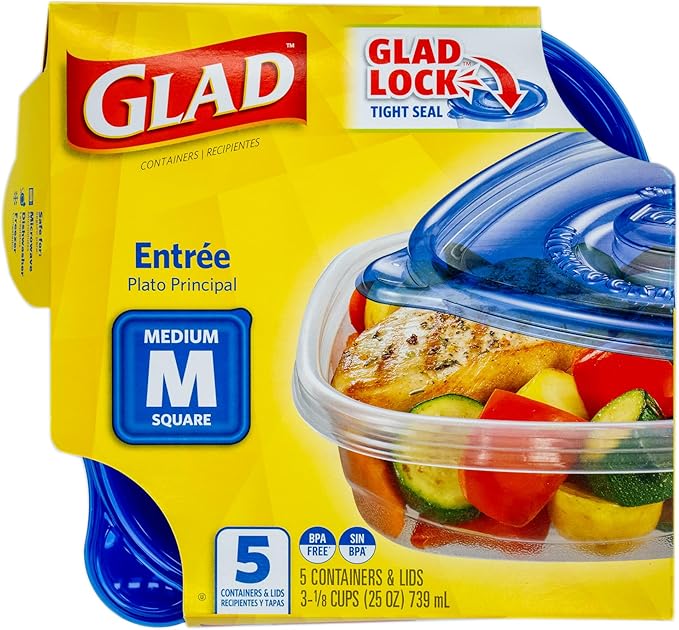 GladWare Entree Food Storage Containers, Medium Square Holds 25 Ounces of Food, 5 Count Set | Tupperware, Plastic Food Container, Meal Prep Container, Plastic Containers with Lids