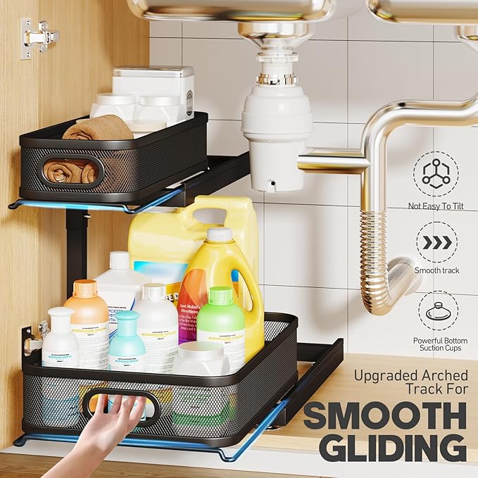 2-Pack Under Sink Storage Organizer With 2-Tier Slide Out Drawer, Sophisticated Mesh Pull Out Shelf For Kitchen & Bathroom, Fits Small Items, Upgraded Arched Track For Smooth Gliding,Height Adjustable
