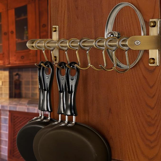 Dseap Kitchen Hooks for Hanging Utensils, Hanging Pot Rack, Kitchen Utensil Hanger Rail with 8 Hooks for Pots Pans, Spoons, Mugs, Wall Mounted, Stainless Steel, Bronze, Pack of 2