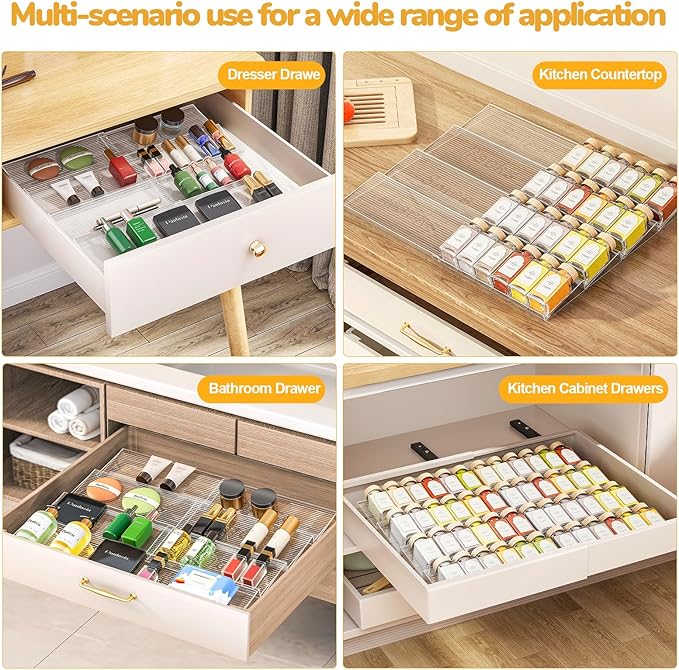 Spice Drawer Organizer 4-Pack, Expandable from 11" to 22" Clear Acrylic Spice Rack for Drawer, Ideal for Kitchen Spice Organization, Seasoning Organizer Holds Up to 48 Jars(Jars Not Included)
