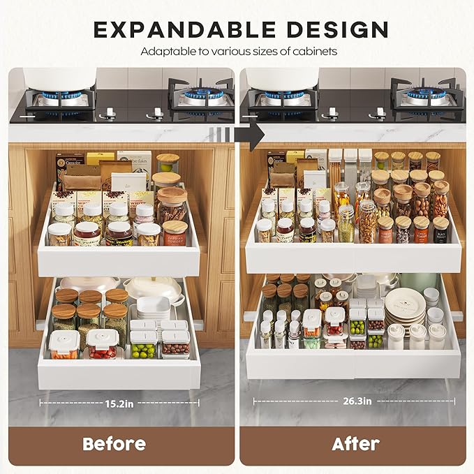 2 Pack Pull Out Cabinet Organizers 21"Deep With Raising Pad for Framed Cabinets,Expandable Slide Out Drawers Upgrade 3 Slide Rails,Roll Out Shelves Adhesive,Adjustable Width 15.2"-26.3" White