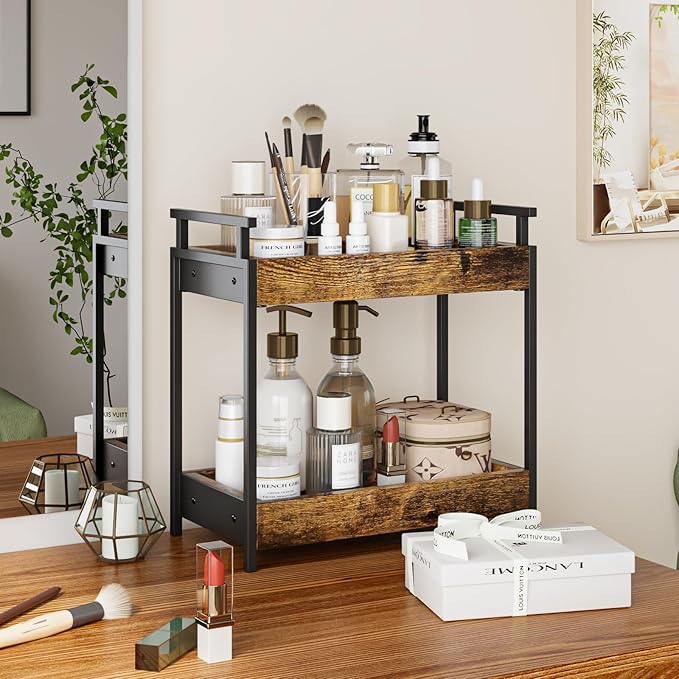 KLM Countertop Coffee Station Organizer, 2 Tier Wooden Shelf for Coffee Bar Accessories, Condiment Storage Caddy for Kitchen, Bathroom Counter Organizer, Home, Office - Brown