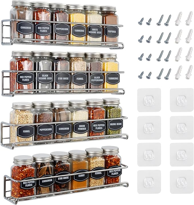 Spice Rack Wall Mounted 4 Tier – Space-Saving Kitchen Spice Organizer for Seasonings – Screw or Adhesive Hanging – Wall Mount Hanging Spice Rack for Wall, Cabinet, Pantry Door