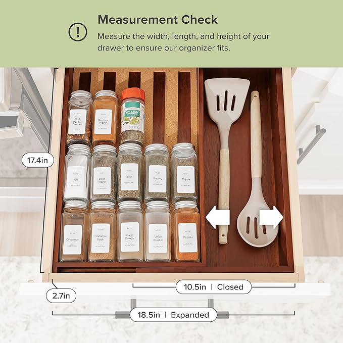 Spice Drawer Organizer with Expandable Storage. Holds up to 15 Spice Jars (Not Included), Non-Slip Feet, Kitchen Accessory Storage, 100% Sustainable Bamboo Wood (Natural Acacia)