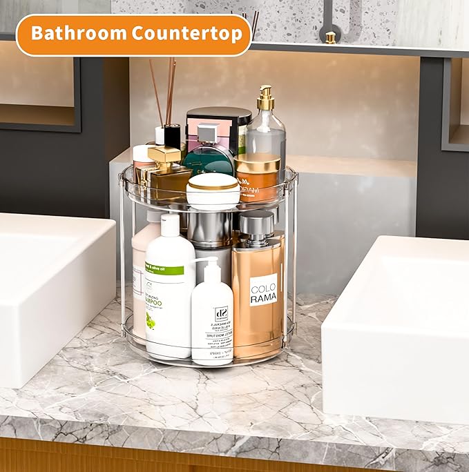 9.8" Tall 2 Tier Lazy Susan Organizer for Countertop,Cabinet and Pantry Shelf,Double Clear Spice Turntable & Rotating Spice Rack Organization and Vitamin & Medicine Cabinet Organizers Carousel