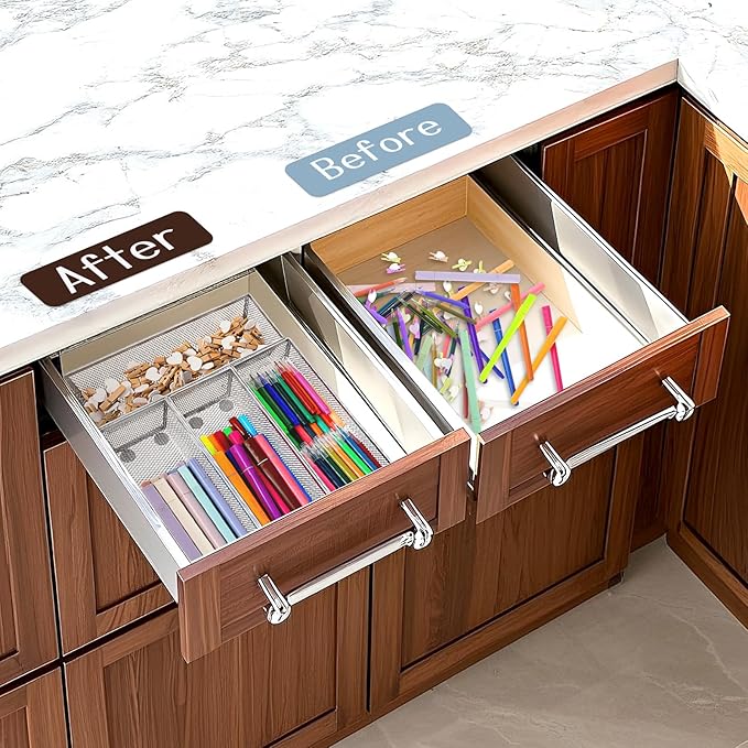 6 Pack Silverware Organizer, Mesh Small Utensil Drawer Organizer Silverware Holder for Kitchen Drawer, Metal Narrow Cutlery Drawer Organizer for Flatware, Knives, Spoons Storage 3x9x2 Inch