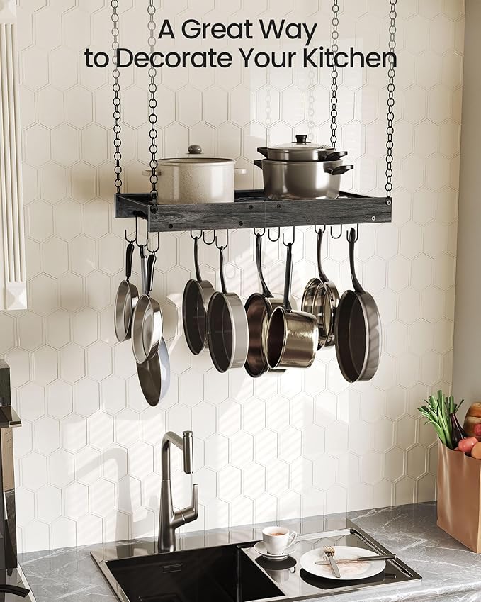 Hanging Pot Rack, Ceiling Mounted Pot Hanger, Vintage Pot Rack for Kitchen, Pot Storage Organizer, with 12 S-Shaped Hooks, for Cookware Storage, Space Saving, Charcoal Black and Black TPR01BC