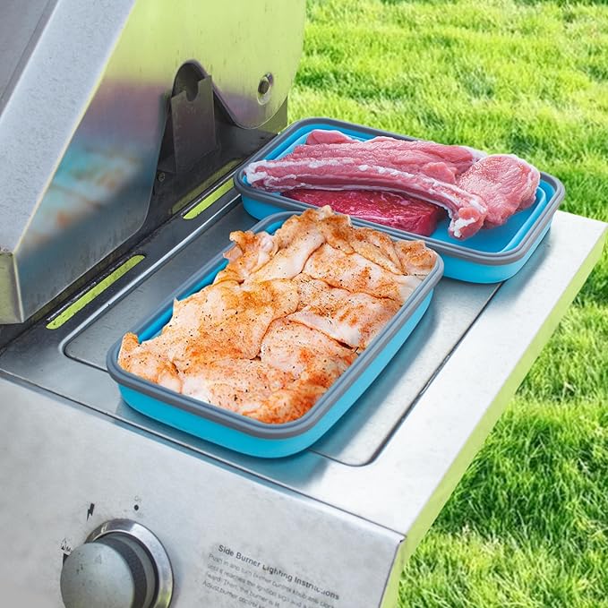 Extra Large Collapsible Food Storage Containers with Lid & Air Vent, 81 oz, 4 Pack, XXL Collapsible Marinade Container BBQ Prep Foldable Silicone Containers, Microwave Freezer Dishwasher Safe, Blue