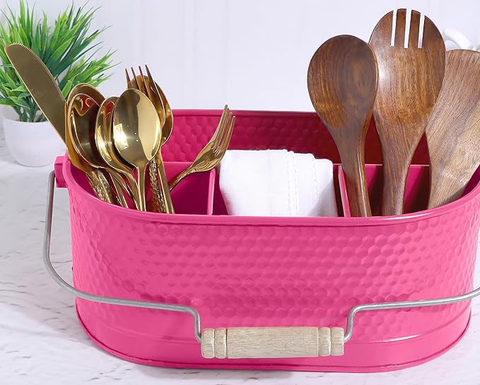 Alpha Living Home - Rustic Utensil Caddy – Metal & Wood Flatware Organizer with Handle – Silverware Holder for Kitchen Countertop, Picnic, BBQ, Parties – 4 Compartments – Bright Pink