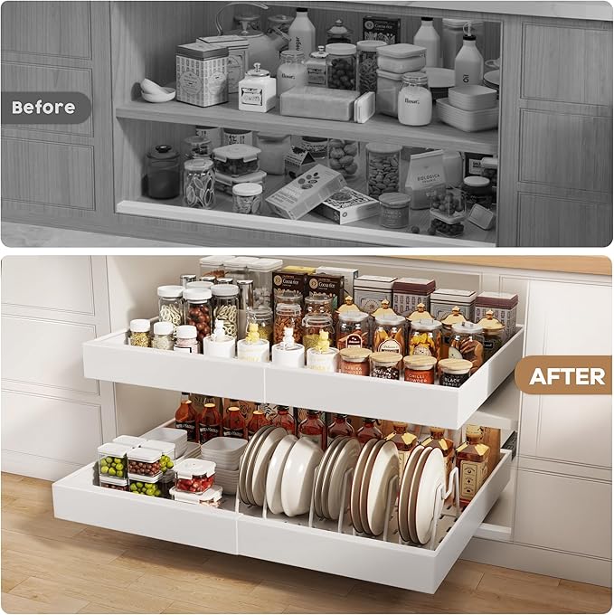 2 Pack Pull out Cabinet Organizer 21"Deep With Raising Pad for Framed Cabinets, Expandable Slide out Drawers for Kitchen Cabinets with 4pcs Divider Racks, Roll out Shelves 15.2"-26.3"W White