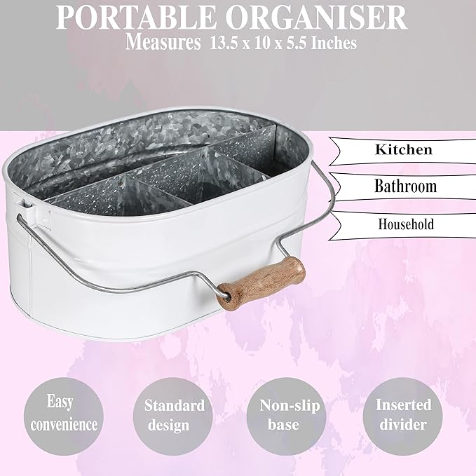 Alpha Living Home - Rustic Galvanized Metal Utensil Caddy – 4-Compartment Organizer with Removable Handle, White Farmhouse Chic Design for Kitchen, Picnics & Parties (13.5"x10"x5.5")