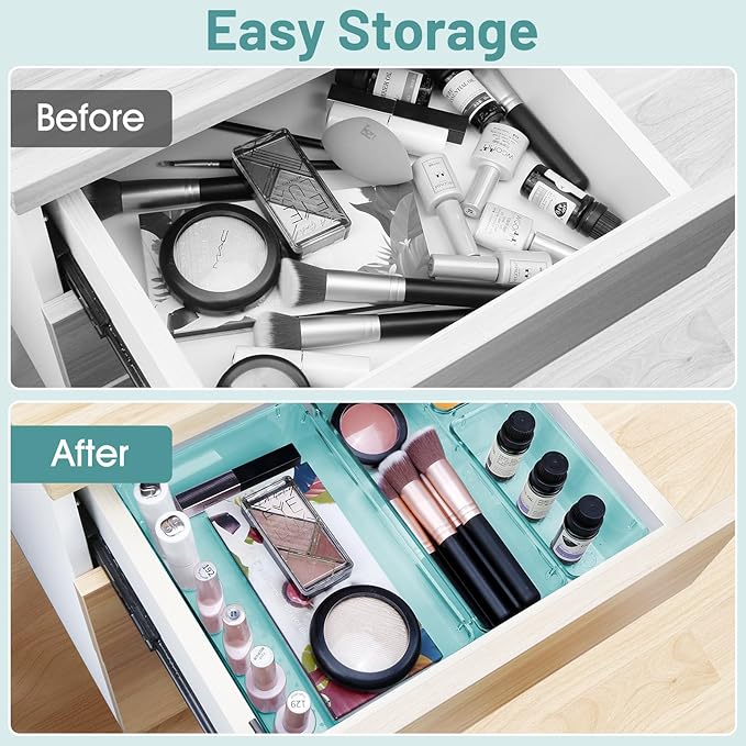 WOWBOX 28 PCS Clear Plastic Drawer Organizer Set, 4 Sizes Desk Drawer Divider Organizers and Storage Bins for Makeup, Jewelry, Gadgets for Kitchen, Bedroom, Bathroom, Office,Sea Blue