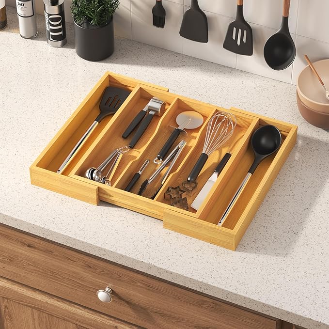 Lifewit Utensil Organizer for Kitchen Drawer, Expandable Cooking Utensil Tray, Bamboo Cutlery Silverware Flatware Holder, Adjustable Spatula Tools and Gadgets Storage Divider, Large, Natural