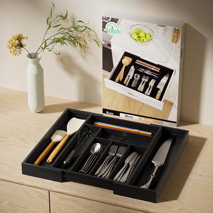 Silverware Organizer Utensil Drawer Organizer - Bamboo Silverware Drawer Organizer Expandable 8 Slots Flatware Organizer For Kitchen Utensils, Art Set, Cosmetic Tools W12.7-19" x L17.2" (Black)