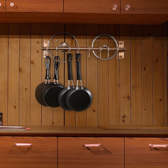 Dseap Kitchen Hooks for Hanging Utensils, Hanging Pot Rack, Kitchen Utensil Hanger Rail with 8 Hooks for Pots Pans, Spoons, Mugs, Wall Mounted, Stainless Steel, Antique Copper, Pack of 2