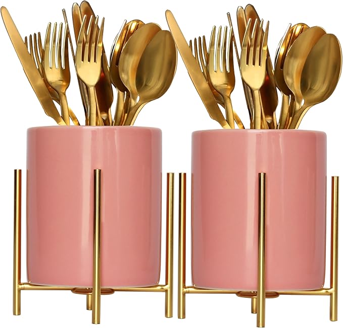 Sturdy Cutlery Holder Gold Ceramic With Metal Bracket Robust Silverware Caddy For Countertop - Spoon Holder Silverware Caddy