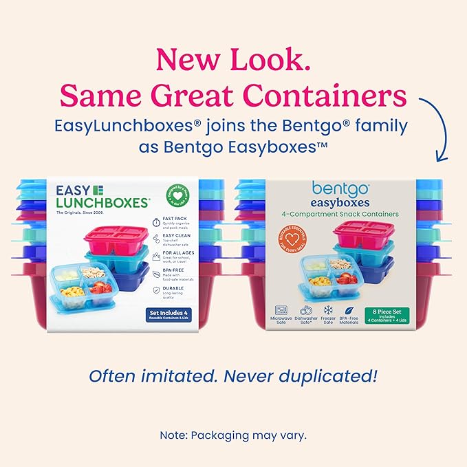Bentgo Easyboxes 4-Compartment Snack Containers - 8-Piece Set with 4 Trays & 4 Custom-Fit Lids to Seal in Freshness - Reusable Food Storage & Meal Prep Bento BPA-Free Containers (Jewel Brights)
