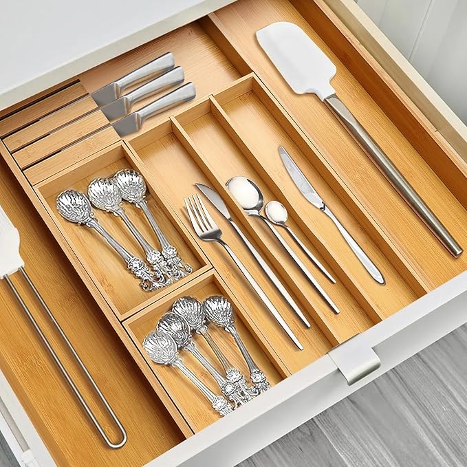 comfoyar Bamboo Kitchen Drawer Organizer, Expandable Silverware Cutlery Tray with Removable Grooved Drawer Dividers and Knife Block, for Flatware and Kitchen Utensils, 3-10 Slots Natural