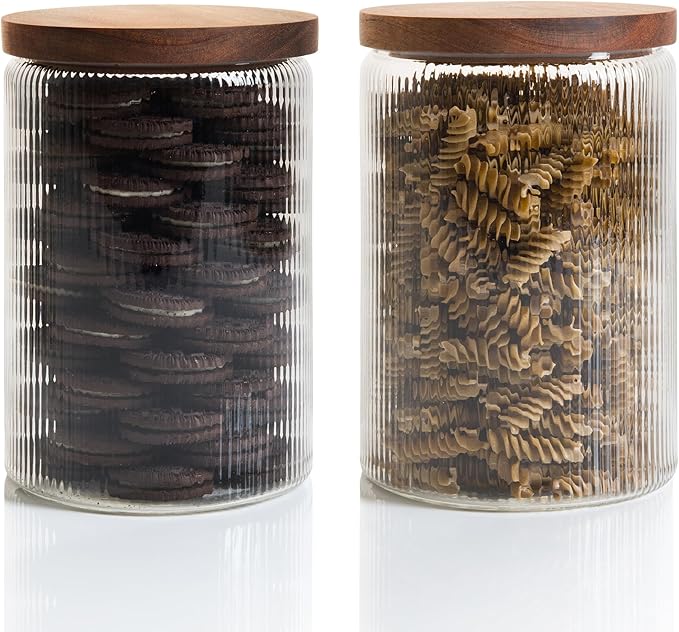 Mason & Fable Ribbed Glass Jar with Wooden Lid 70fl.oz- Set of 2 | Airtight Fluted Storage Container for Cookies, Pasta, Coffee, Dog Treats, Snacks | Organization Canisters for Home & Kitchen