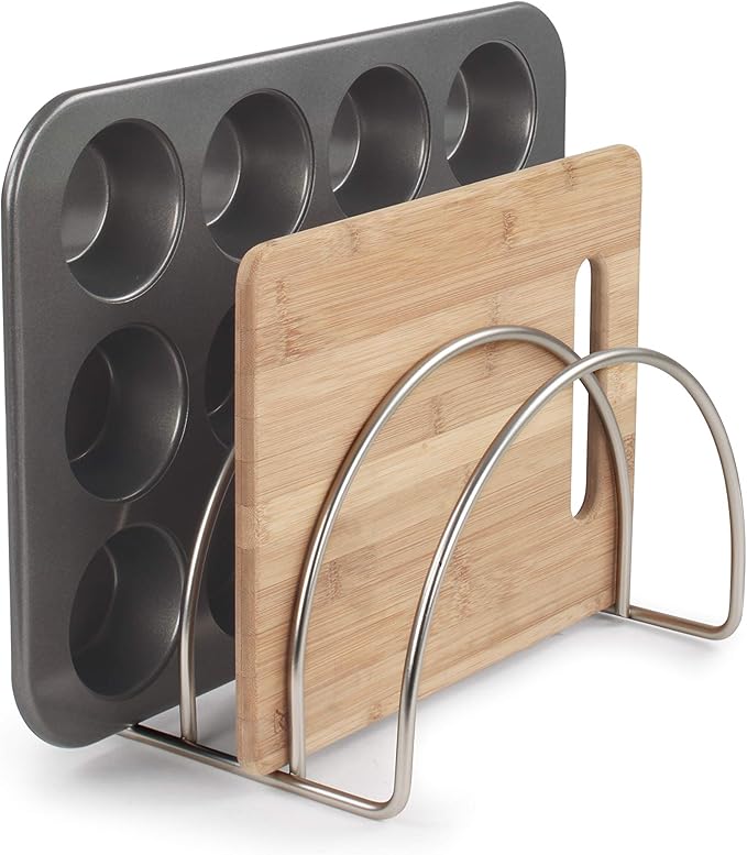 Spectrum Arch Kitchen Lid Organizer for Plates, Cutting Boards, Bakeware, Cooling Racks, Pots & Pans and Serving Trays, Satin Nickel
