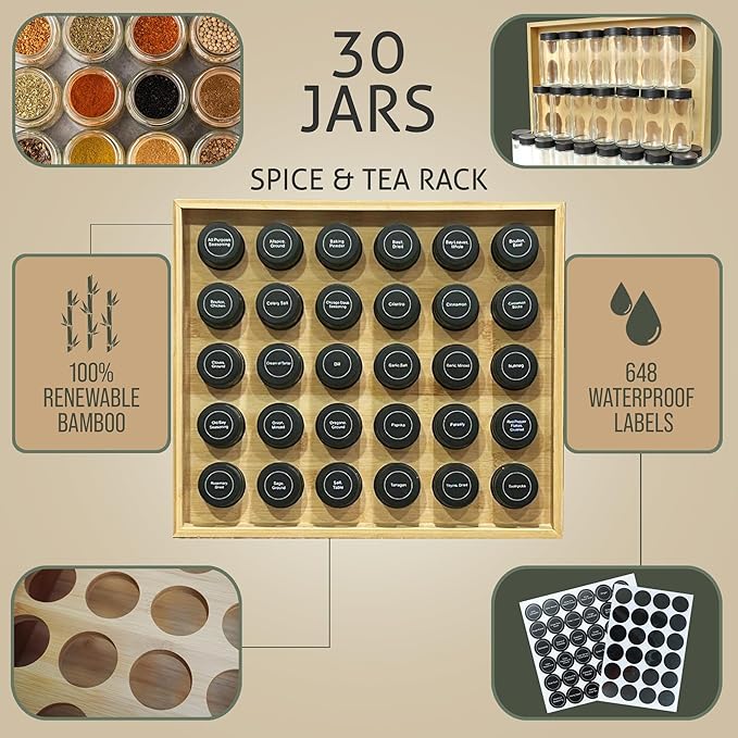 | Bamboo Spice Rack Organizer | 30 4 oz Spice Jars | 720 Labels | Funnel | Cabinet | Countertop | Pantry | Wall Mount