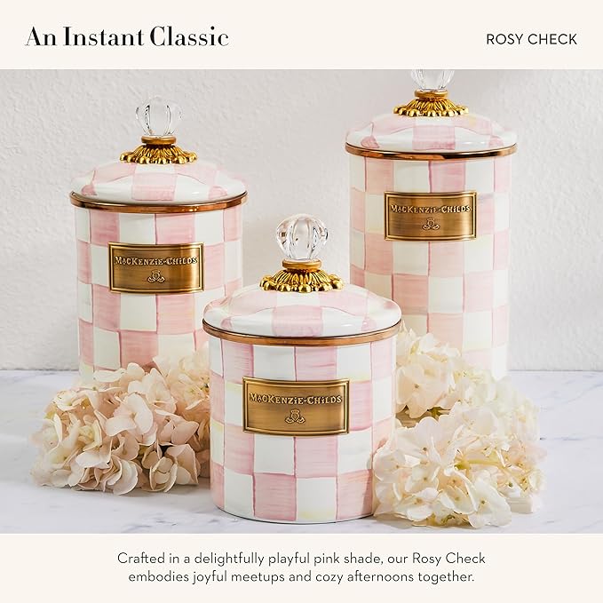 MACKENZIE-CHILDS Large Enamel Canister, Kitchen Storage Container for Flour and Sugar, 1.89 Liters, Pink-and-White Rosy Check