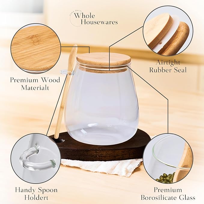 WHOLE HOUSEWARES Glass Jar with Bamboo Lid and Spoon Set of 3-11.83oz, 20.28oz, 33.81oz Capacity - Airtight Food Storage Jars, Apothecary Jars, Cookie Jar - Ideal for Elegant Kitchen Organization