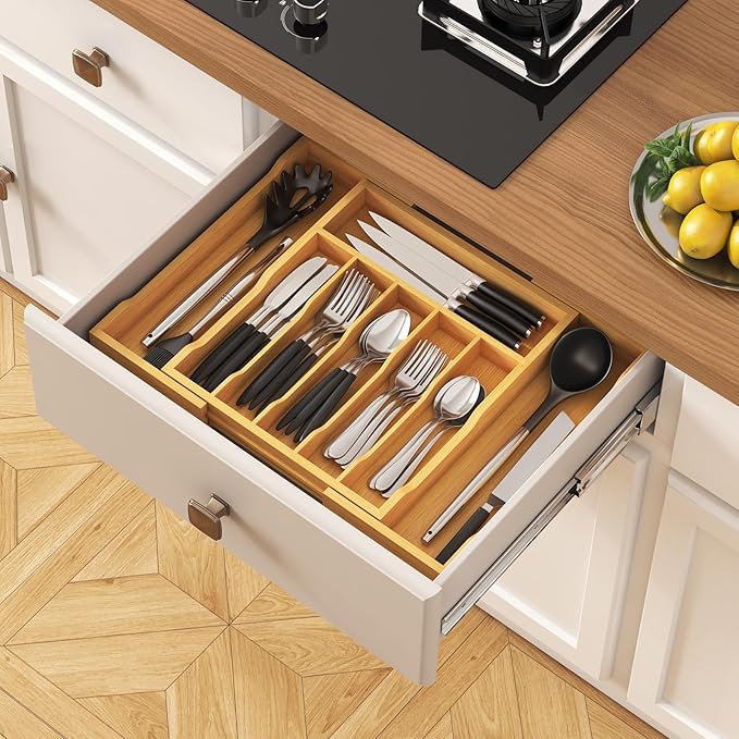 Lifewit Silverware Drawer Organizer, Expandable Utensil Tray for Kitchen, Bamboo Flatware and Cutlery Holder, Wood Adjustable Storage for Spoons Forks Knives, Large, Natural