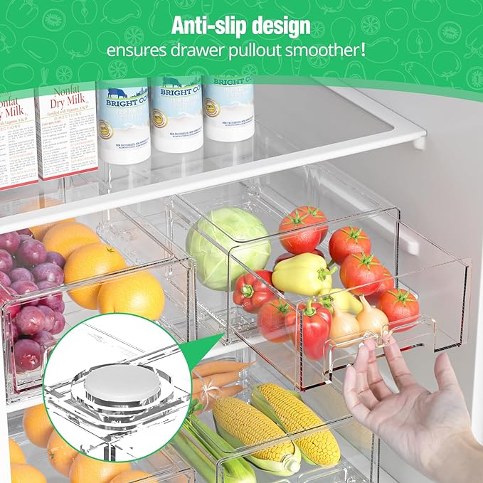 2 Pack Refrigerator Drawers - Fridge Organizer Bins Stackable Storage Drawers, Clear Refrigerator Organizing Containers Pull Out Drawer for Fruit, Vegetable Storage and Keep Fresh