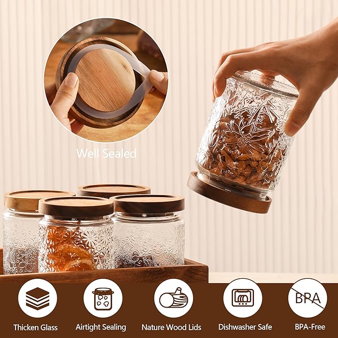 6 Pack 24oz Vintage Glass Jar with Wooden Lid – BPA-Free, Airtight Food Storage Canister for Kitchen Counter, Pantry, Coffee, Sugar, Spices & Dry Foods