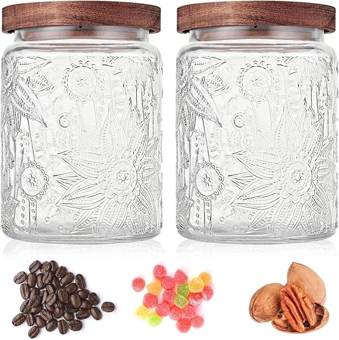 Vintage Glass Jar with Wooden Lid, 23.7 fl oz - Airtight Decorative Food Storage Canisters for Kitchen Counter, Ideal for Candy, Sugar, Coffee, Cookies
