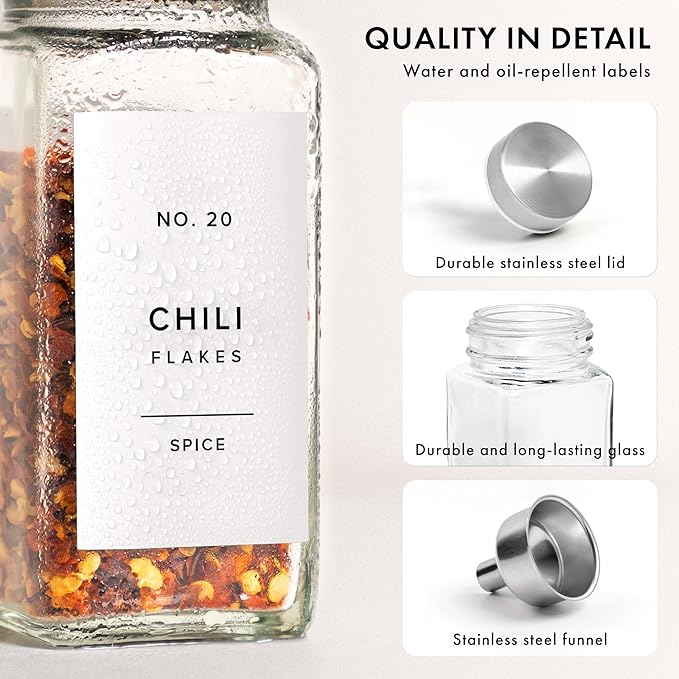 Glass Spice Jars with Label and Stainless Steel Lids (24 x 4oz) Spice Containers with 240 Labels, Shaker Inserts, Steel Funnel, Empty Square Empty Square Seasoning Organizer